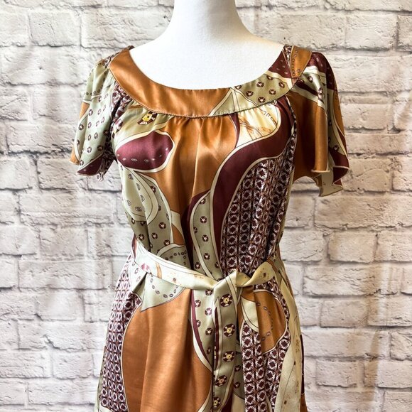 Equestrian Print Scoop Neck Belted Satin Tunic | Women's Size Small - Picture 4 of 11